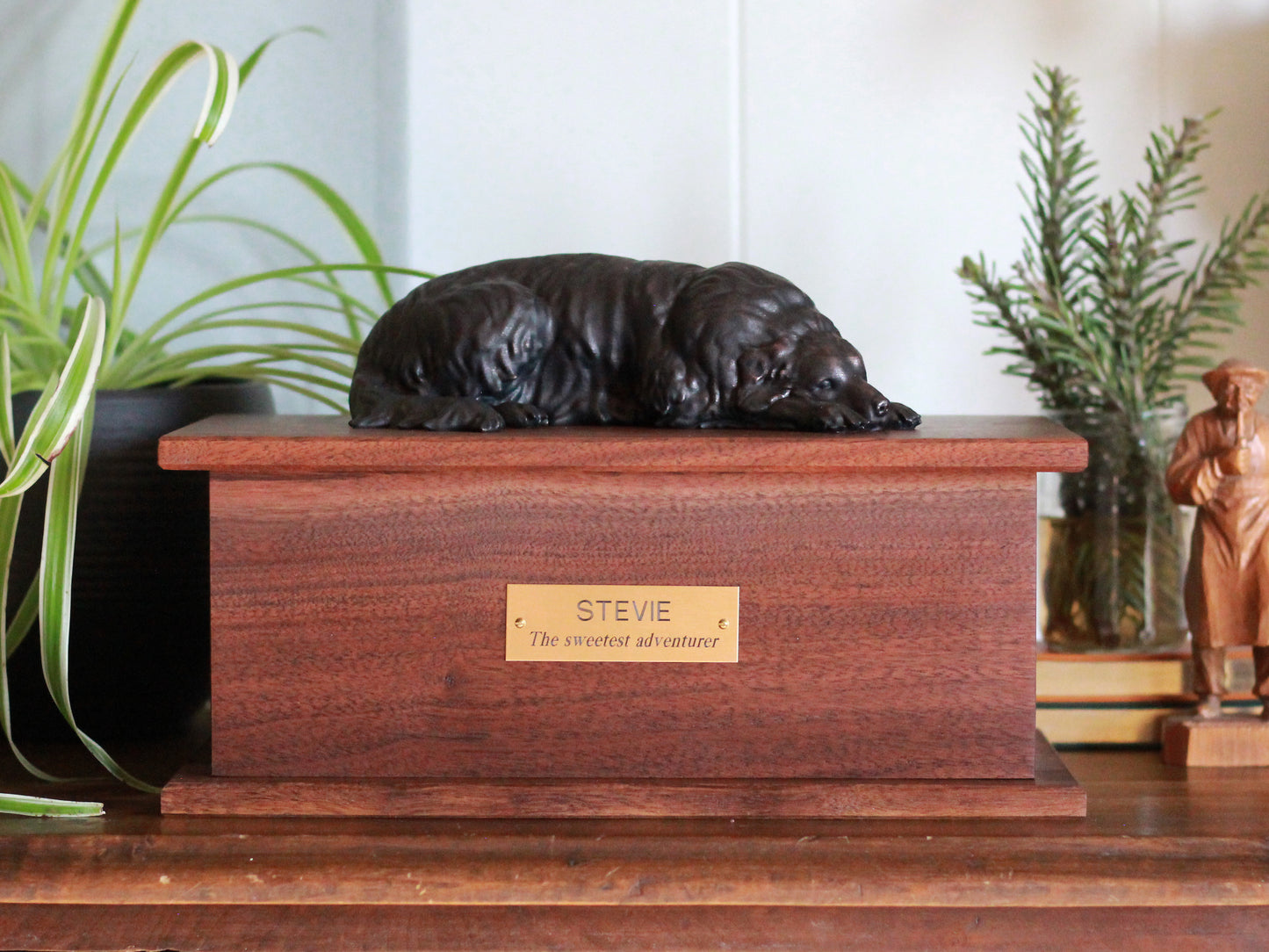 Custom Pet Memorial Urn | sculpture atop walnut cremation box