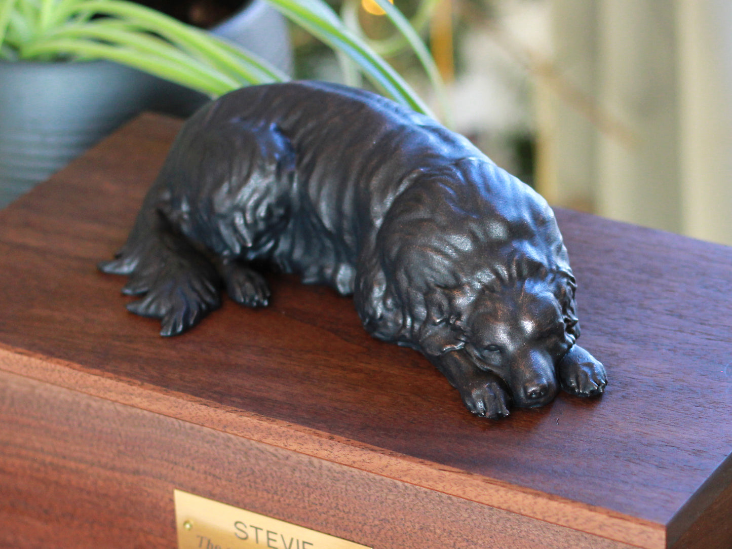 Custom Pet Memorial Urn | sculpture atop walnut cremation box