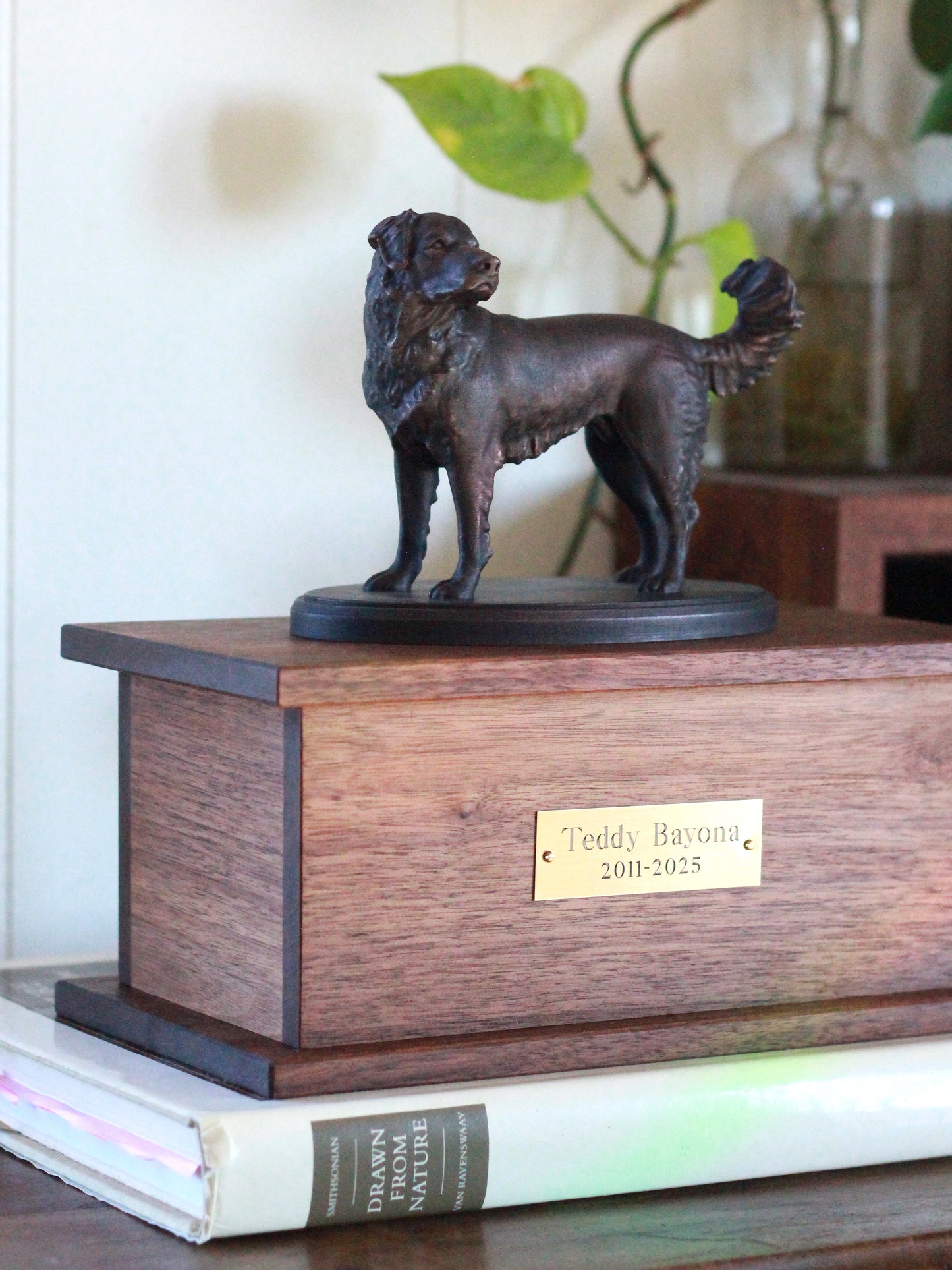 Custom Pet Memorial Urn | sculpture atop walnut cremation box