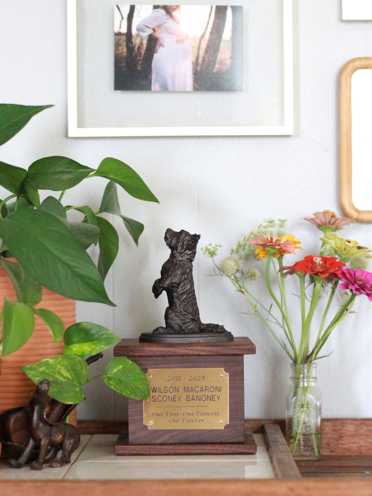 Custom Pet Memorial Urn | sculpture atop walnut cremation box