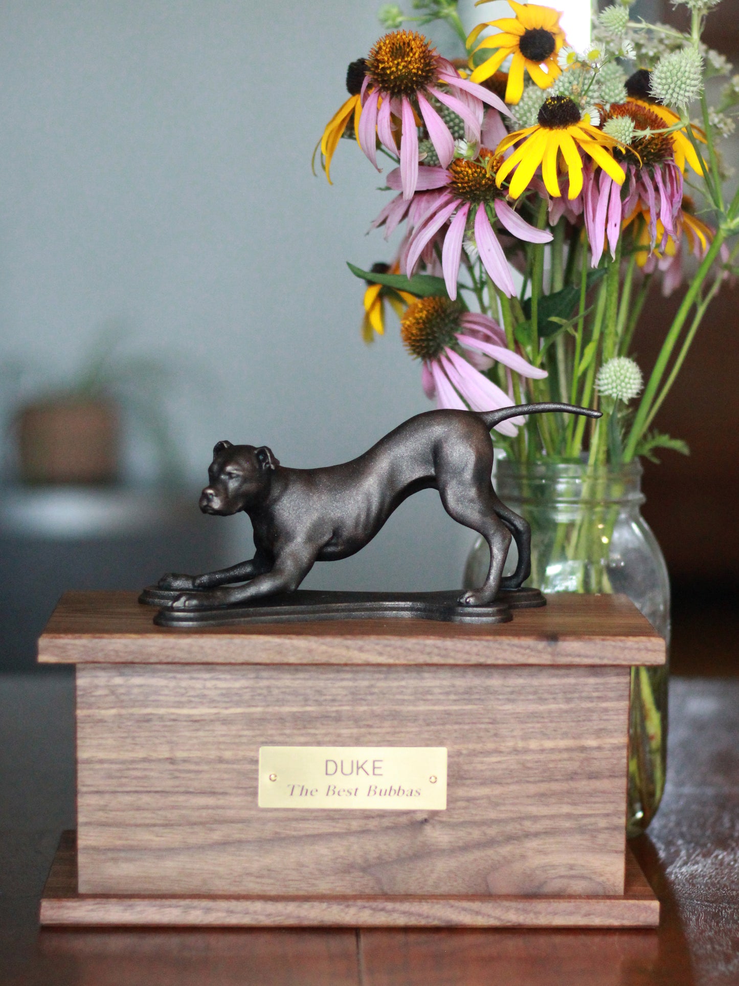 Custom Pet Memorial Urn | sculpture atop walnut cremation box