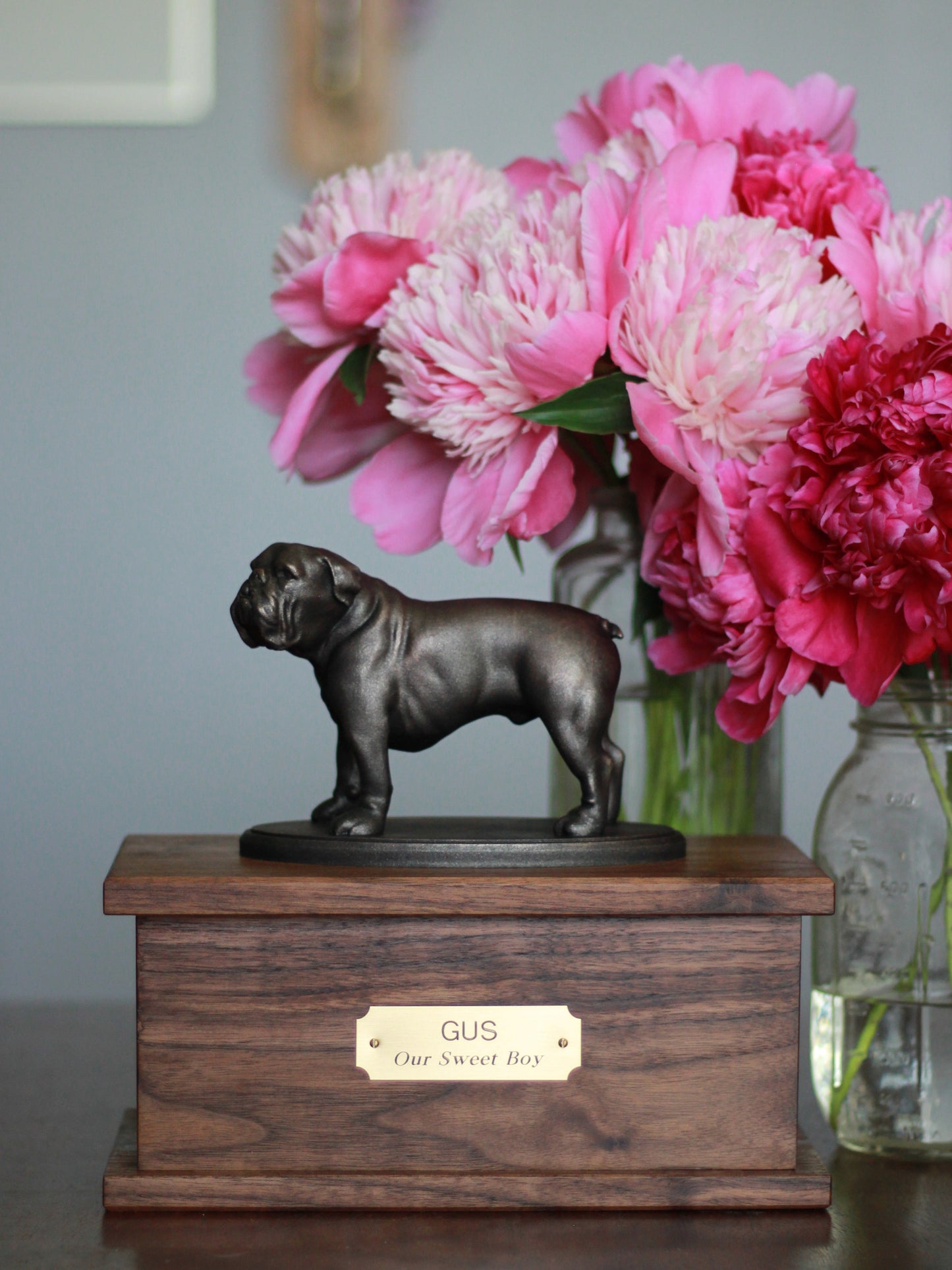 Custom Pet Memorial Urn | sculpture atop walnut cremation box