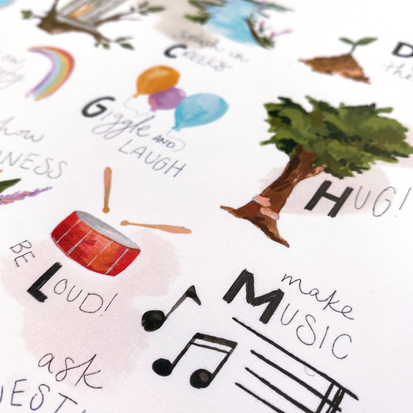 Close up image of ABCs of Childhood art print by Stray Folk that shows gouache painted illustrations and alphabet